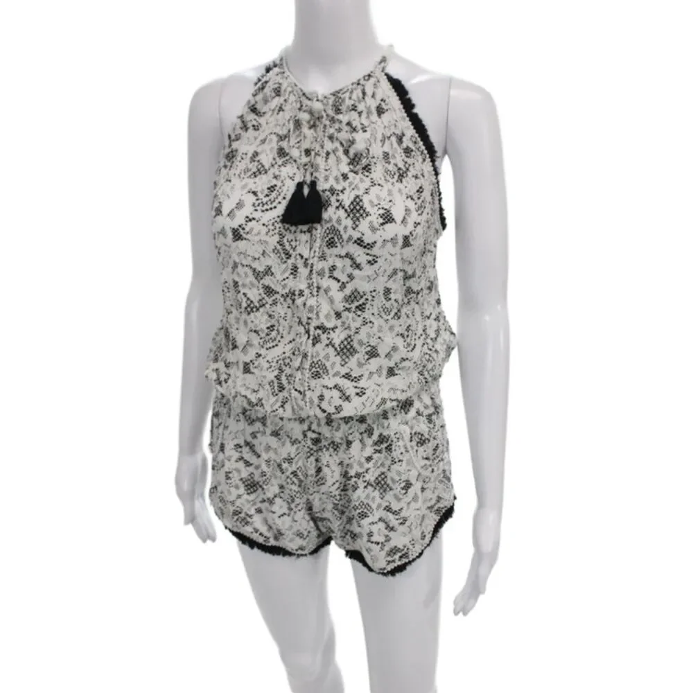 Poupette St. Barth Women Black Lace Floral Halter Sleeveless Romper Size M